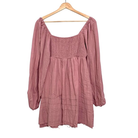 Pink Lily Mauve Long Sleeve Smocked Mini Dress Small Babydoll Milkmaid Boho - Picture 2 of 13